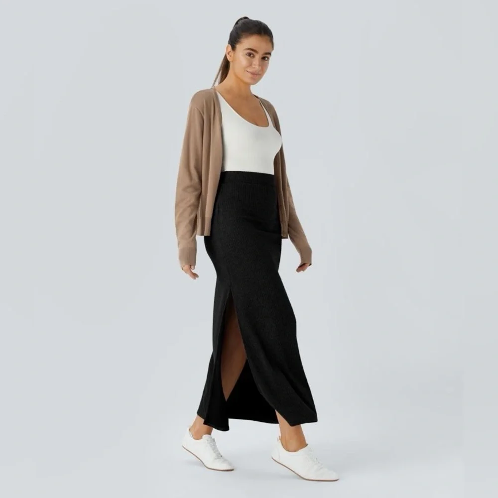 Halara Ribbed High Waisted Split Hem A Line Maxi Casual Skirt XS - Picture 4 of 4